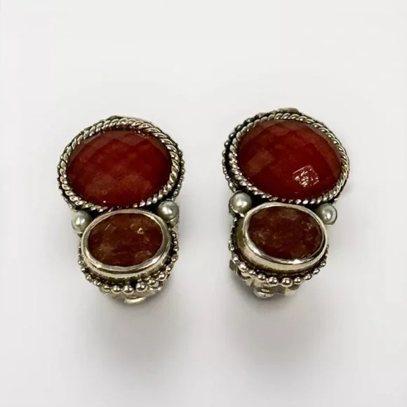 Stephen Dweck Sterling Silver Red Faceted Stone Drop Ear Clips 925 Sterling - Picture 1 of 5
